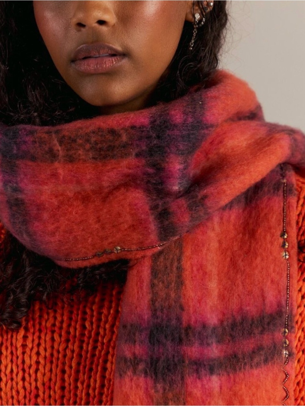 Free People Highland Plaid Skinny Scarf (Pink Combo) NIP
